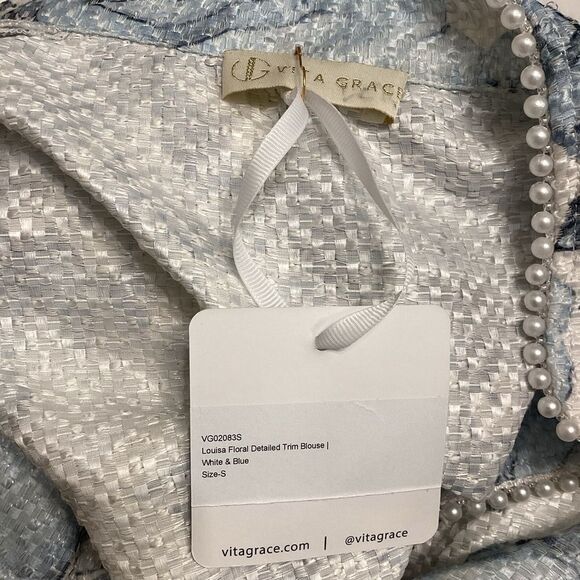 Vita Grace Louisa Floral Detail  Blouse Trim Blouse With Short Set In Light Blue - Picture 13 of 16